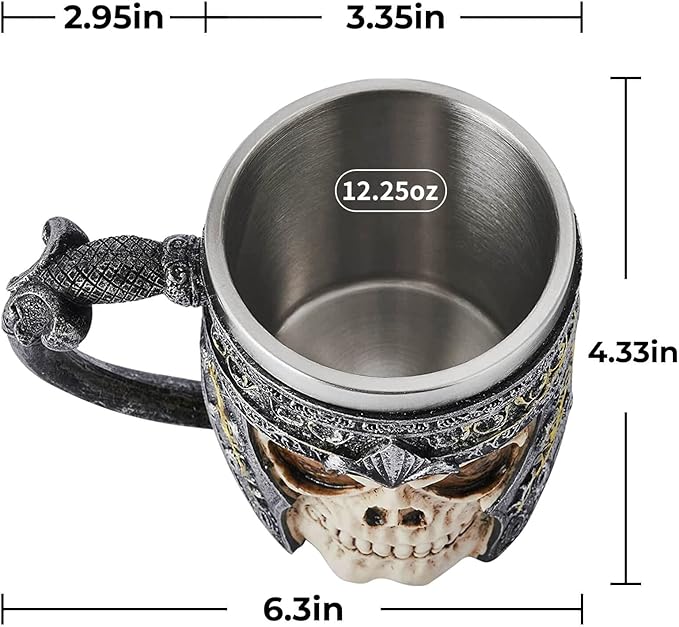 Skull Coffee Mug Stainless Steel Viking Gifts for Men Beer Mugs Novelty Christmas Gifts for Father, Husband Cool Coffee Mugs, 12.25 oz