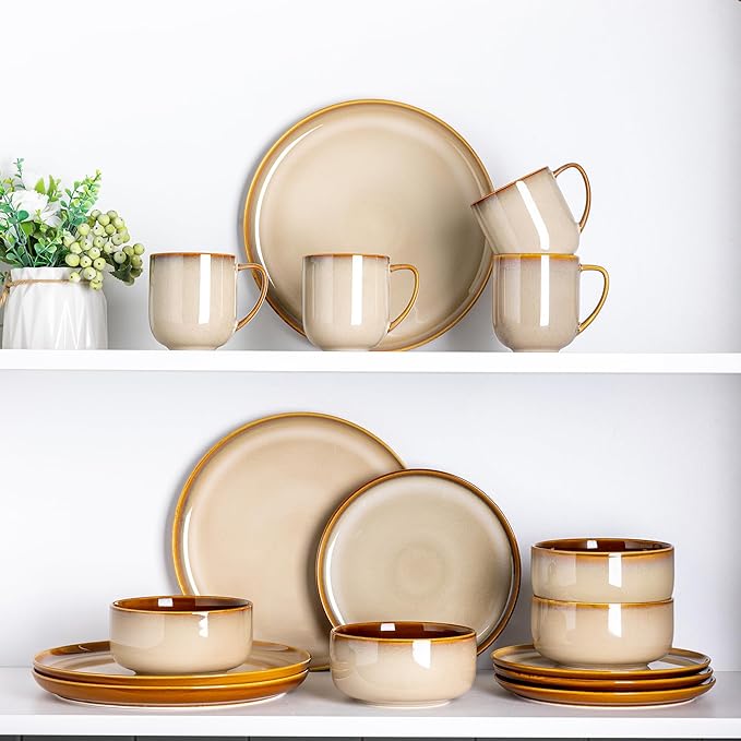 LeRatio Ceramic Dinnerware Sets for 6,Poreclain Plates and Bowls Sets,Handmade Reactive Glaze Dishes Set,Chip Resistant and Scratch Resistant | Oven&Dishwasher & Microwave Safe)-Kahki(18PCS)