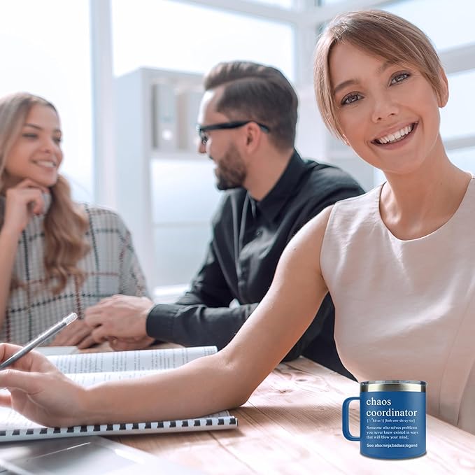 Chaos Coordinator Tumbler Cup, Christmas Gifts for Women,Unique Gift Idea for Employee,Boss Lady,Teacher,Office,Gifts for Mom,Coworker,Birthday,Thank You Gift for Women,14 oz Blue Mug