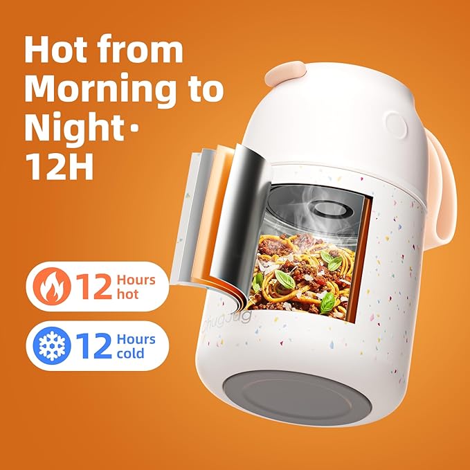 Thermo for Hot Food for Adults Kids | Wide Mouth, 18 oz Insulated Food Jar with Spoon, Leakproof Soup Thermo for School Office Travel, Thermal Steel Lunch Container Easy to Carry (White)