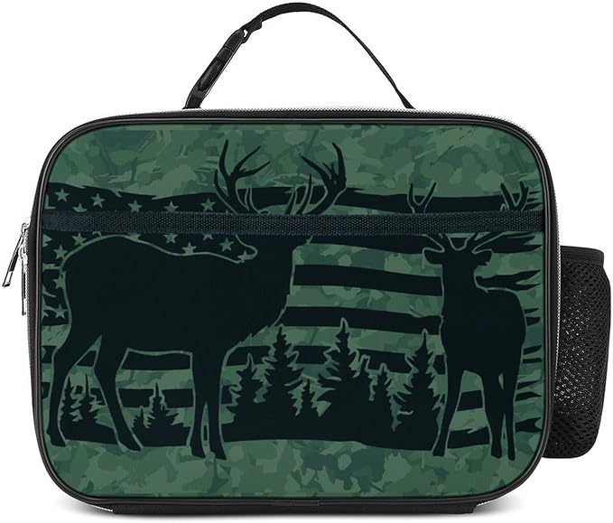 Camo Flag Deer Lunch Box Insulated Reusable Lunch Bag Tote Cooler for Women Men Boy Girl School Work Office Picnic
