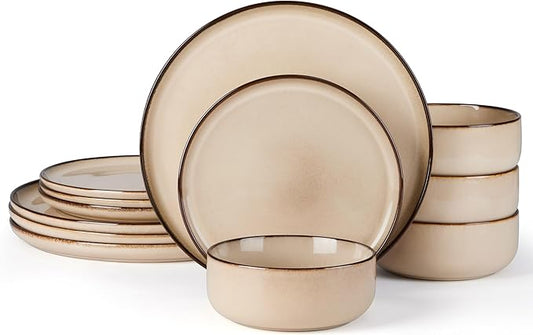 E-far 12-Piece Plates and Bowls Set, Stoneware Dinnerware Sets for 4, Reactive Glaze Ceramic Dinning Ware Dishes, Microwave & Dishwasher Safe - Sandy Beige