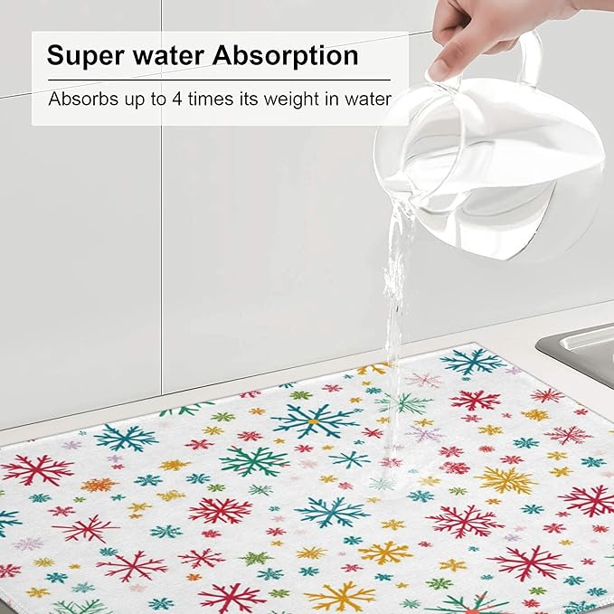 Christmas Snowflake Dish Drying Mat for Kitchen Counter Microfiber Super Absorbent Non-Slip Dish Drying Pad for Countertops Dishes Utensils Stylish Quick-Dry Machine Washable 18x24 Inch