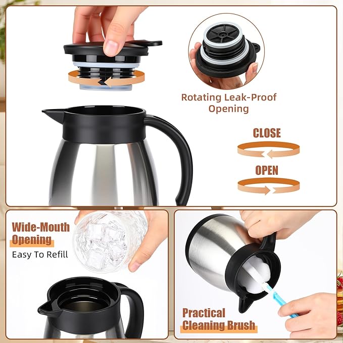 Uiifan 2 Pcs Thermal Coffee Carafe Insulated Stainless Steel Coffee Carafes for Keeping Hot and Cold Double Walled Vacuum Thermal Pot Flask with Brush for Water Milk Tea Home and Office(Silver,17oz)