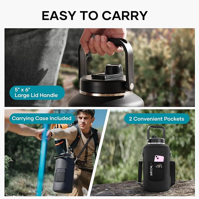 BUZIO 2 Gallon Water Bottle Insulated, (Cold for 48 Hrs) 256oz Extra Large Water Jug Stainless Steel, 4.4in Big Wide Mouth Leak Proof Metal Flask with Handle for Camping,Outdoor Work,Travel, Black