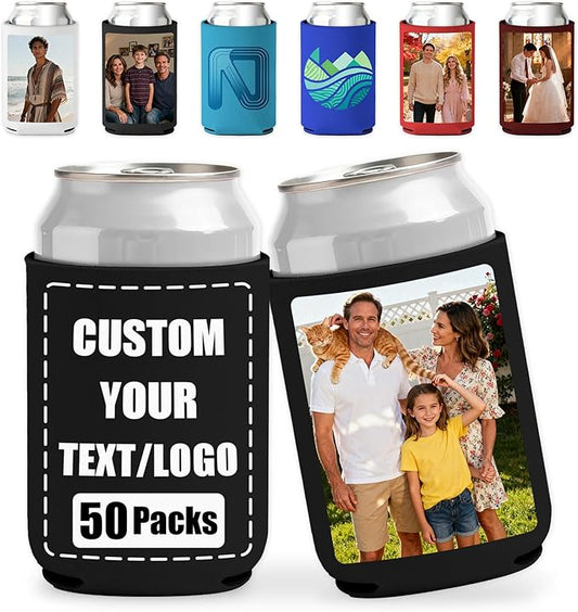 50 Pack Custom Can Coolers - Bulk Personalized Neoprene Beer Sleeves with Logo Text Photo Insulated Drink Holders for Weddings Parties Events