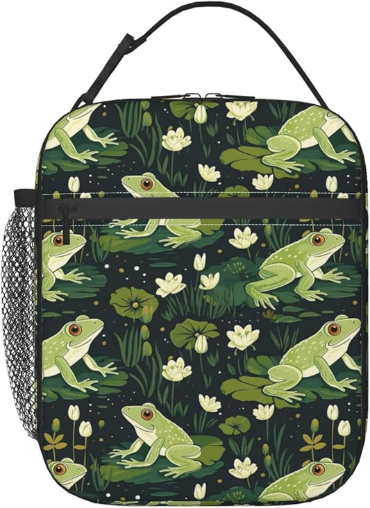 Reusable Cute Frog Lunch Box for Kids, Insulated Vibrant Lily Pad Lotus Leaf Dark Green Bag,Polyester Cooler Animal Lovers Handbags Case for School Picnic Work Travel Beach or Hiking, Gifts
