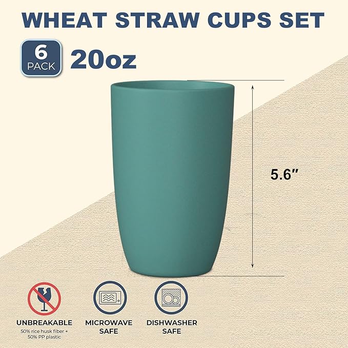 Wrova Wheat Straw Cups 6 PCS Good Alternative to Plastic Reusable Cups 20 oz Unbreakable Drinking Cup Reusable Dishwasher Safe Water Plastic Glasses Green