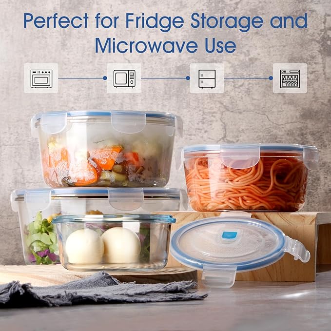 2.8L Glass Food Storage Containers Set, Round Meal Prep Containers, Glass Bowls With Lid