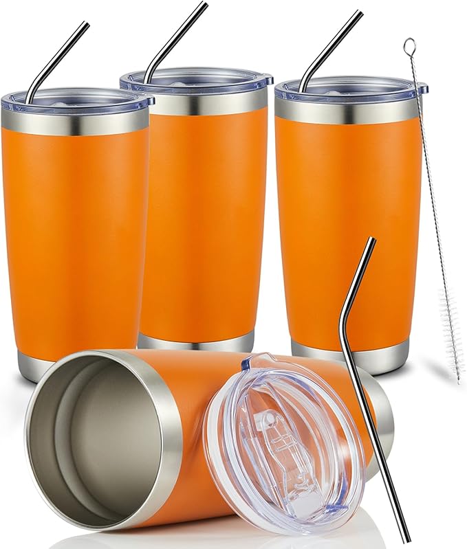 COMOOO 20oz Tumbler Bulk Double Wall Vacuum Insulated Travel Mug, Stainless Steel Tumbler with Lid and Straw Durable Powder Coated Insulated Coffee Cup for Cold & Hot Drinks (Orange, 4 pack