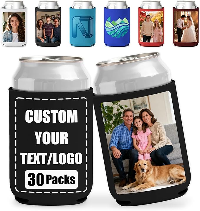 30 Pack Custom Can Coolers - Bulk Personalized Neoprene Beer Sleeves with Logo Text Photo Insulated Drink Holders for Weddings Parties Events