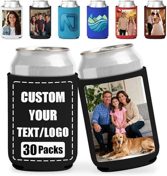 30 Pack Custom Can Coolers - Bulk Personalized Neoprene Beer Sleeves with Logo Text Photo Insulated Drink Holders for Weddings Parties Events