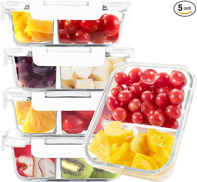 BAYZZ 5 Pack 35 Oz Glass Meal Prep Containers 2 Compartments, Glass Storage Containers with Lids, Airtight Lunch Bento Boxes, BPA-Free, Microwave and Freezer Safe,White