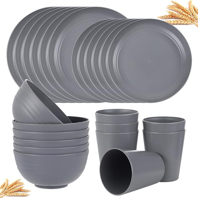Supernal Wheat Straw Dinnerware Sets,Unbreakable Dinner Plates for 6,Microwave Dishwasher Safe,Reusable Dinnerware,Dark Gray Set 12pcs Plates, 6pcs Bowls, 6pcs Cups