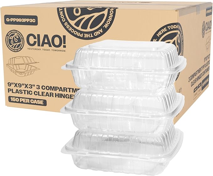CIAO! 9"x9"x3" 3 Compartment PP Plastic Clear Hinged Container for Take Out (Case of 150)