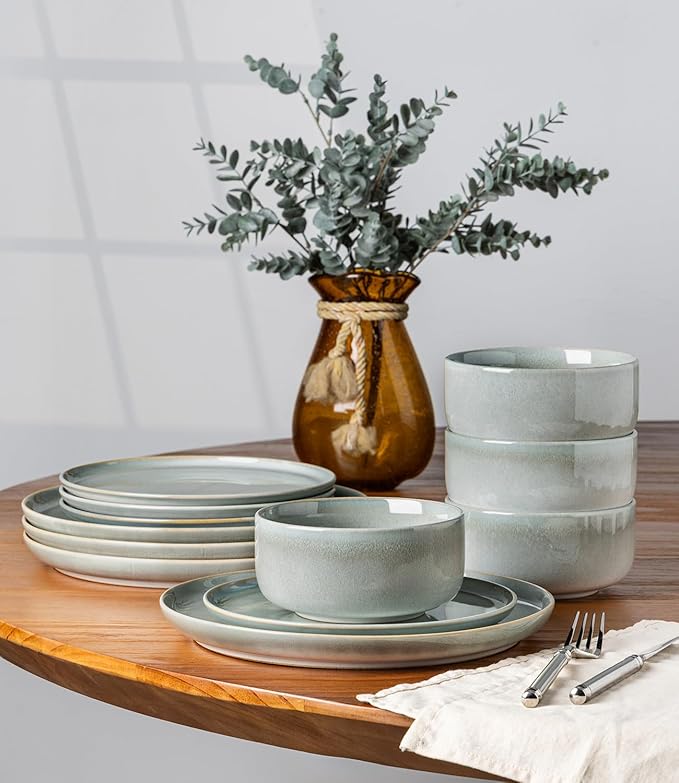TheTerra Ceramic Dinnerware Sets for 4, 12 Pieces Handmade Reactive Glaze Plates and Bowls Set, Scratch Resistant Dish Set, Oven & Microwave & Dishwasher Safe, Sea Foam