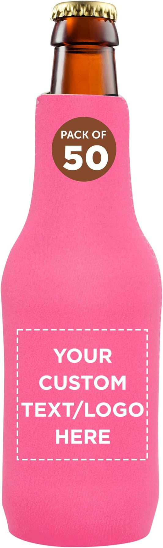 50 Neoprene Zippered Beer Bottle Coolies Pack - Customizable Text, Logo - Sharkskin Rubber Bottom - Neon Pink