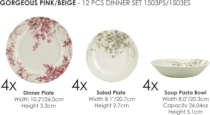 Tudor Royal Collection 12-Piece Premium Quality Porcelain Dinnerware Set, Service for 4 - GORGEOUS PINK See More Designs Inside!