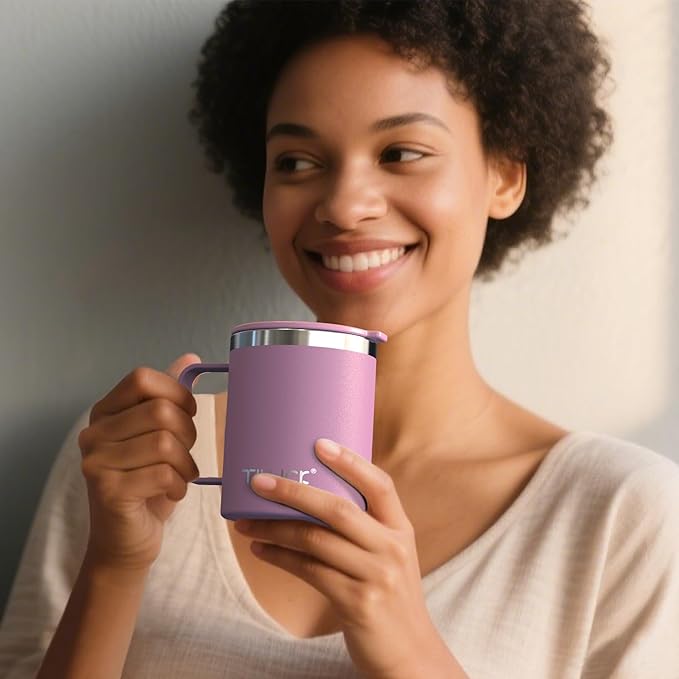 TILUCK 12 oz Insulated Coffee Mug with Lid, Leak-Proof Stainless Steel Travel Mug Cup with Handle for Hot or Cold Drinks(Lilac, 12oz)