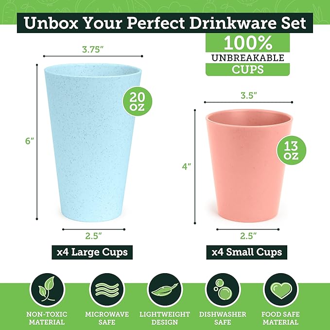 Grow Forward Premium Wheat Straw Cups - 13 & 20 oz Unbreakable BPA Free Hard Plastic Cups - Reusable Lightweight Plastic Drinking Glasses for Kitchen, Outdoor, Water, Camping, RV - Tropical