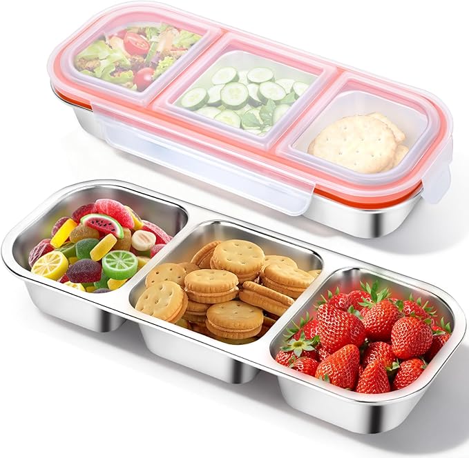 2Pack Reusable Stainless Steel Snack Containers with Leakproof Lids 3 Compartment, Stackable Metal Food Storage Lunch Boxes for Adults, Meal Prep, Travel, Office