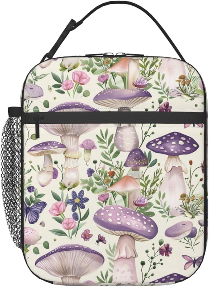 Reusable Purple Mushroom Lunch Box for Kids Girls Boys Women Adult, Insulated Butterfly Lunch Bag,Polyester Cooler Boho Handbags Case for School Picnic Work Travel Beach or Hiking