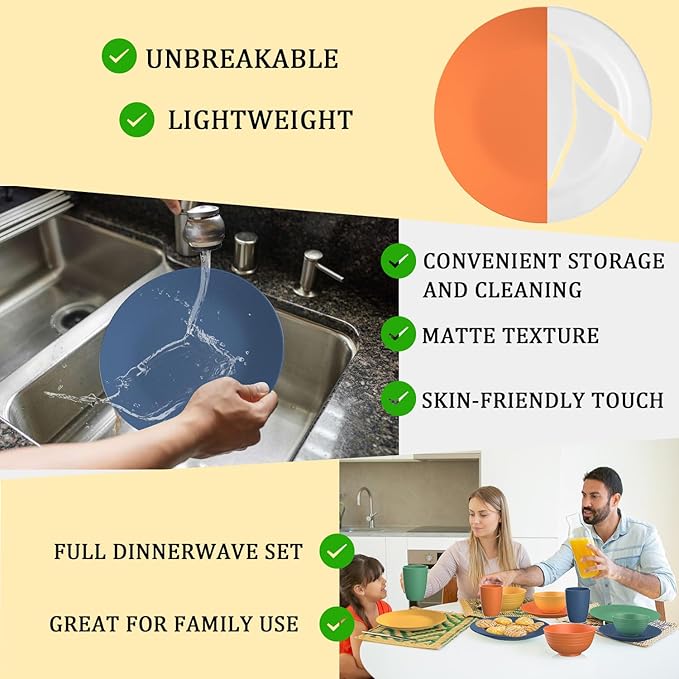 Wheat Straw Dinnerware Sets for 8,Dishwasher & Microwave Safe Plates and Bowls Sets 40 PCS, Unbreakable Dish Sets for Kitchen,Camping and Outdoor,Alternative to Plastic Bowls Reuseable - Multi color