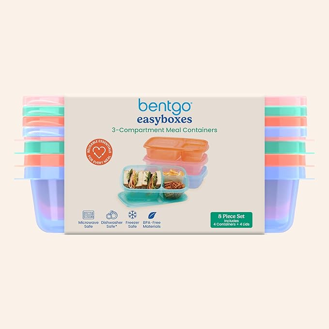 Bentgo Easyboxes - Original Stackable Lunch Boxes - Reusable 3-Compartment Food Containers for Kids and Adults - Bento Lunch Box for Meal Prep, School, & Work - BPA Free, Set of 4 (Pastels)