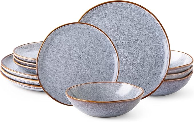 AmorArc Ceramic Dinnerware Sets,Handmade Reactive Glaze Stoneware Plates and Bowls Sets,Highly Chip and Crack Resistant Dishware | Dishwasher & Microwave Safe Dishes, Service for 4 (12pc)