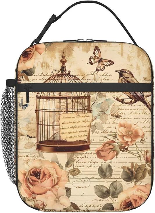 Reusable Vintage Birdcage and Rose Lunch Box for Kids Girls Boys Women Adult, Insulated Floral Retro Lunch Bag,Polyester Cooler Handbags Case for School Picnic Work Travel Beach or Hiking