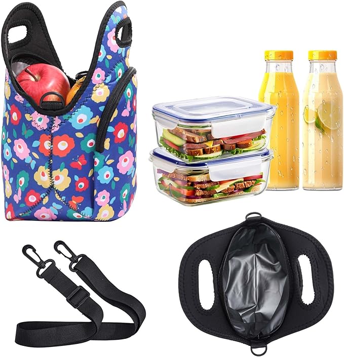 CILLA Neoprene Lunch Bag for Women Insulated Lunch Tote Bags Washable Lunch Container Box Picnic Lightweight Meal Prep Bags(Butterfly Wild flowers+)