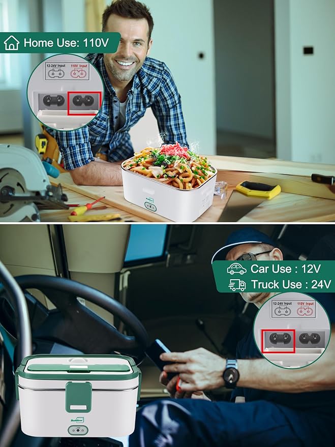 Buddew Electric Lunch Box for Adults, 80W Heated Lunch Box 1.8L Stainless Steel Portable Food Warmer,12/24/110V Lonchera Electrica Portatil for Travel & Work, Loncheras para Hombres de Trabajo(Green)