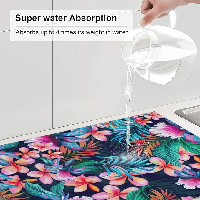 Pink Hawaii Flowers Dish Drying Mat 18x24, Blossom Flowery Floral Absorbent Drying Matt Kitchen Decor Counter Dishes Pad Drainer Rack Coffee Bar Station Mat Protector for Kitchen Accessories Fast Dry