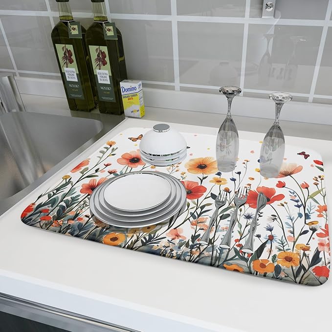 Poppy Flower Dish Drying Mat 18x24 Inch Floral Leaves Dish Drainer Protector Pad Washable Reversible Drying Pad for Kitchen Counter Sink