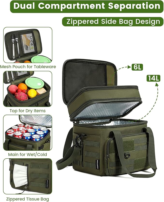 RalChyez Tactical Lunch Bag, 20L Large Heavy Duty Double Deck Insulated Lunch Box Leakproof Expandable Tote Cooler with Shoulder Strap for Adult Men Women Work Fishing Picnic Travel Green