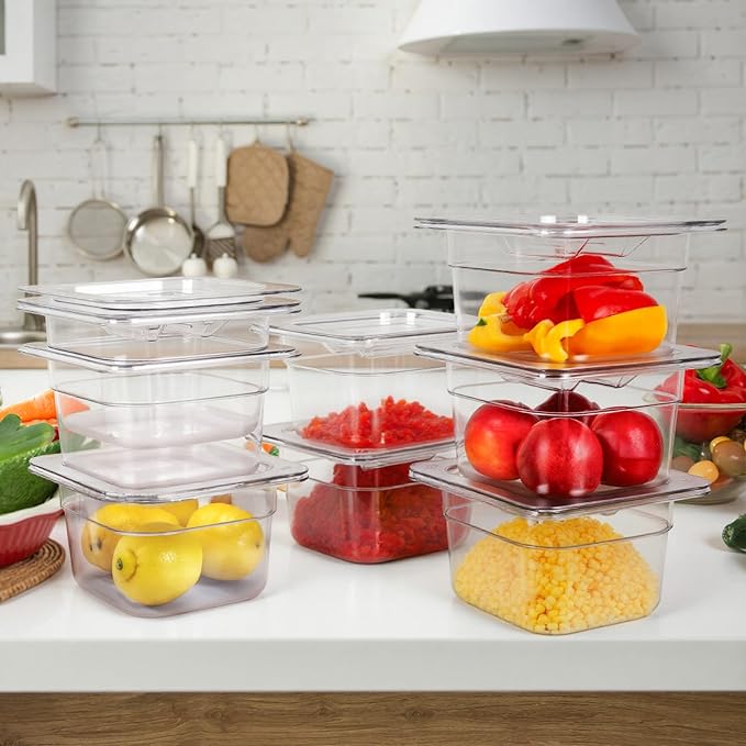 West Bay 10 Pack 1/6 Size Plastic Food Pans with Lids, 4 Inch Deep Clear Polycarbonate Hotel Pans for Commercial & Home Use, Stackable Food Storage Containers for Fridge, Kitchen & Catering