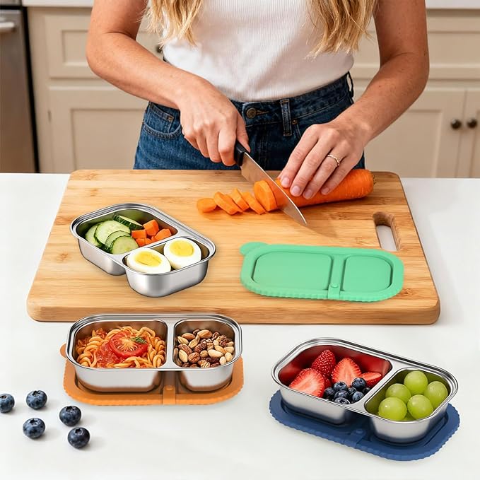 Reusable Stainless Steel Snack Containers, Capacity Upgrade 2 Compartment Snack Containers with Lids, Reusable Food Storage Containers with Lids for Travel, Outdoor, Camping (Orange)