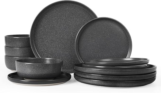 Famiware Milkyway Plates and Bowls Sets, 12 Pieces Dinnerware Sets, Reactive Glaze Dish Set, Stoneware Dishes Set for 4, Matte Dark Charcoal