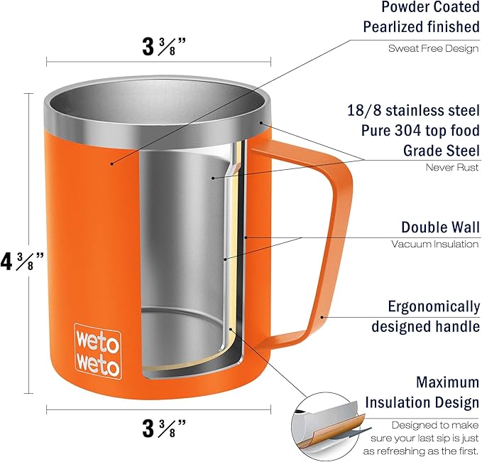 WETOWETO 14 oz Coffee Mug, Vacuum Insulated Camping Mug with Lid, Double Wall Stainless Steel Travel Tumbler Cup, Coffee Mugs Outdoor, Powder Coated Orange