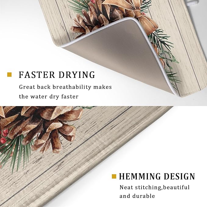 Winter Pine Cone Dish Drying Mat Holly Berries Dish Draining Mat Microfiber Washable Dish Drainer Rack Mat for Home Kitchen Counter 18"x24"