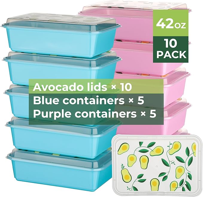 10 Pack 42 oz Meal Prep Containers, Reusable Plastic Food Prep Storage Containers with Printed Lids, Stackable, Leakproof, Microwave & Freezer & Dishwasher Safe,To Go Take Out Box, Avocado