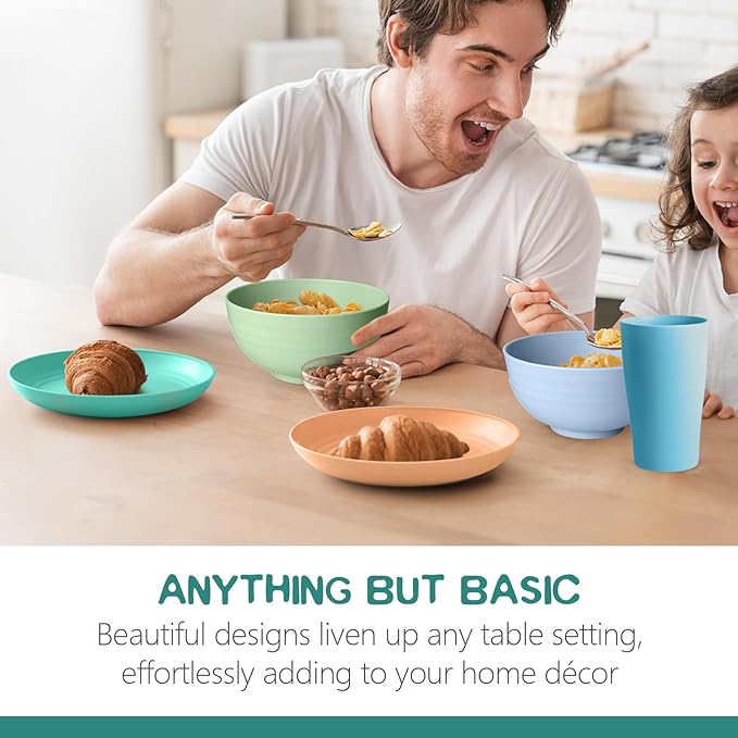 Teivio 32-Piece Kitchen Plastic Wheat Straw Dinnerware Sets, Service for 8, Dinner Plates, Dessert Plate, Cereal Bowls, Cups, Unbreakable Outdoor Camping Dishes Set,Colorful Hues