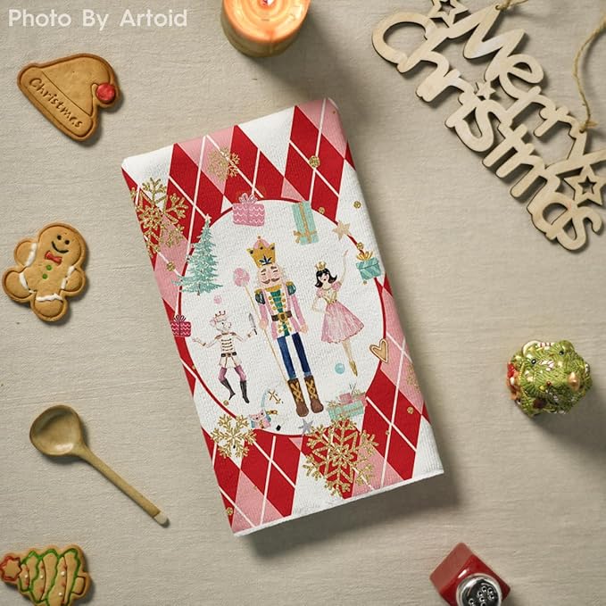 Artoid Mode Red Nutcrackers Tree Christmas Kitchen Towels Dish Towels, 18x26 Inch Gift Box Snowflake Winter Decoration Hand Towels Set of 2