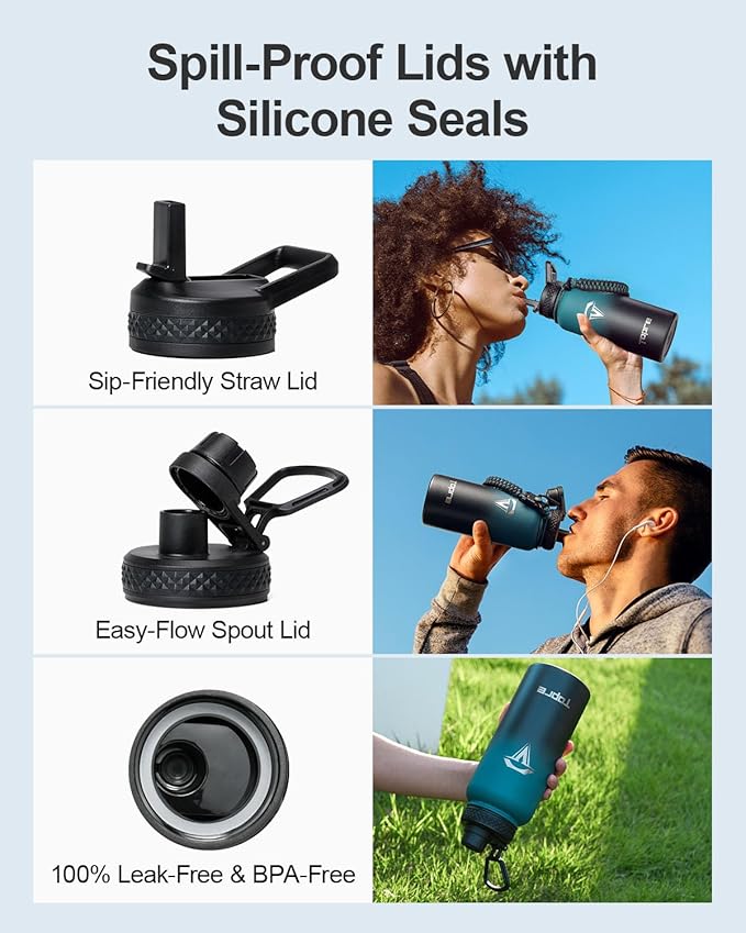 32oz Insulated Water Bottle,Stainless Steel Vacuum Water Bottle, BPA-Free & Leakproof -with Paracord Handle,Strap,Straw Spout Lids,Large Water Jug for Gym Sports