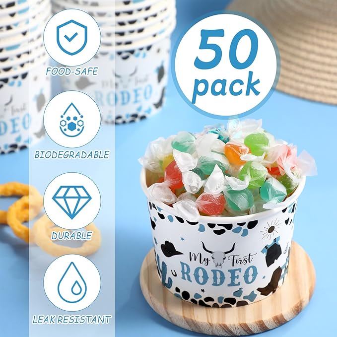 50 Pack My First Rodeo Birthday Party Supplies Decorations 1st Rodeo Party Treat Snack Cups 9 oz Western Cowboy Disposable Dessert Bowls Paper Soup Bowls for Hot or Cold Food Boy Baby Shower