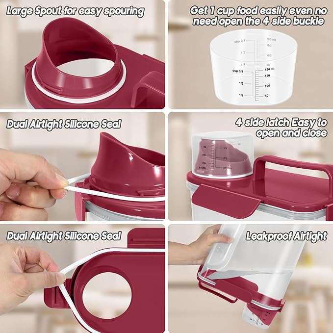 5-7Lbs Dog Cat Food Storage Container with Upgraded Large Nozzle BPA-free, 4 Snap Seals Plastic Pet Food Storage Containers with Handles (1, Elegant Red, 5L)