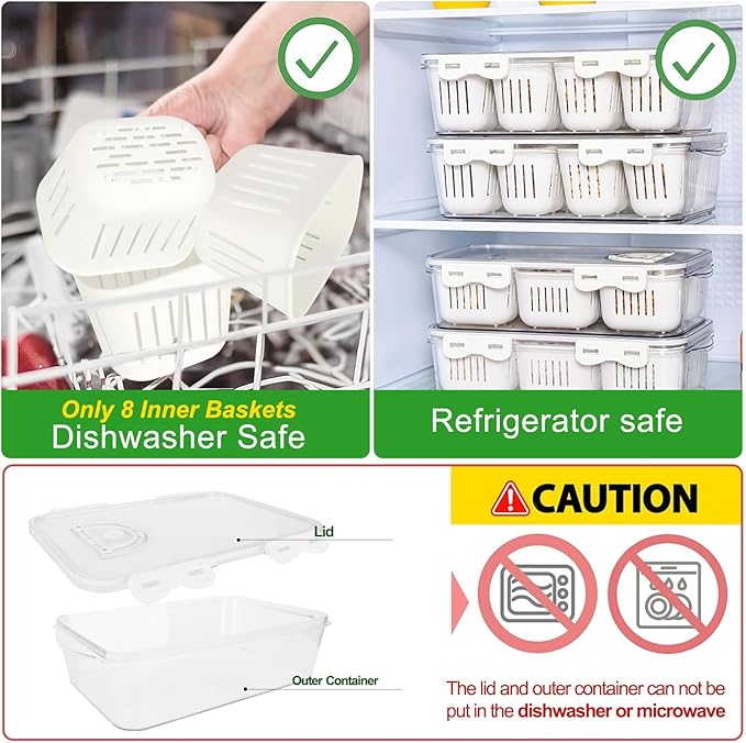 shopwithgreen Divided Serving Tray with Lid, Portable Snack Box Charcuterie Veggie Tray with Lid, Food Storage Organizer with 8 Colandersfor Fruit, Vegetable, Refrigerator, Kitchen, Party, Picnic