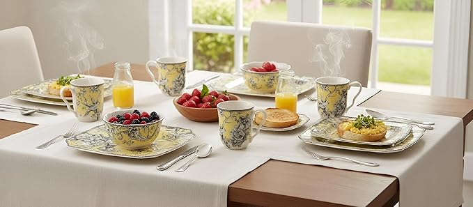 222 Fifth Adelaide 16-Piece Square Floral Dinnerware Set – Service for 4,Yellow Porcelain Plates & Bowls, for Everyday Dining & Entertainment, Microwave & Dishwasher Safe, Chip Resistant