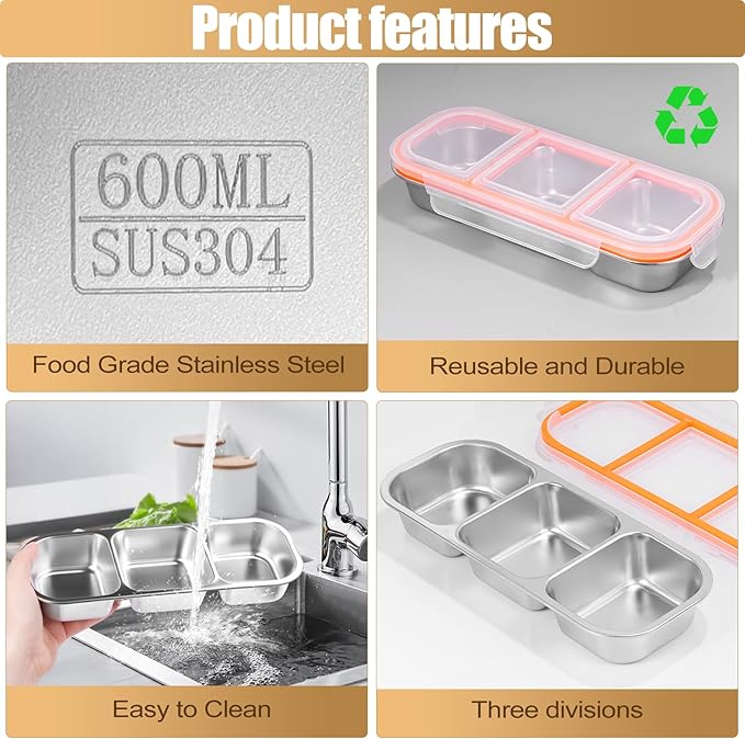 3 Pack Stainless Steel Snack Containers - Reusable 3 Compartment Snackle Box Container with Lids for Kids Adults, Divided Snack Food Storage Containers for School, Home, Travel