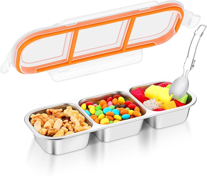 Stainless Steel Snack Containers with Lids & Spork, Reusable 3 Compartment Condiment Boxes, Divided Grab Food Storage Containers, Sauce Cups for Home, Travel (3 Compartment)